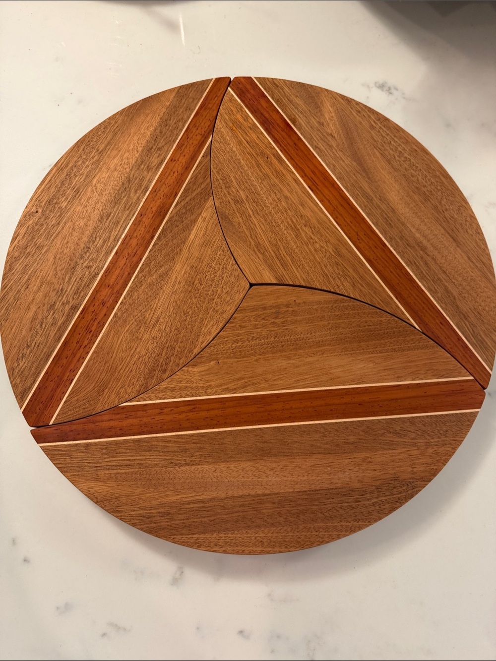 Round Wood Serving Board with Inlay Triangle Design - Natural Brown
